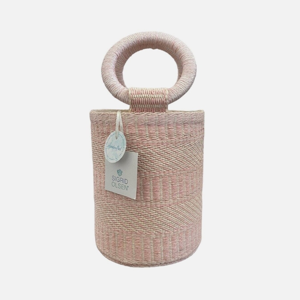 SIGRID OLSEN Woven Pink & Cream Bucket Handbag Purse Tote Beach Fashion NWT